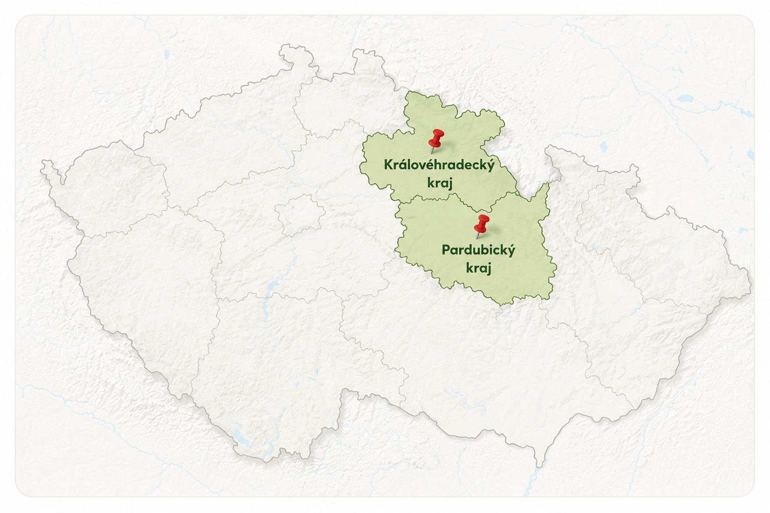 Mapa oblasti působení - Královéhradecký a Pardubický kraj
